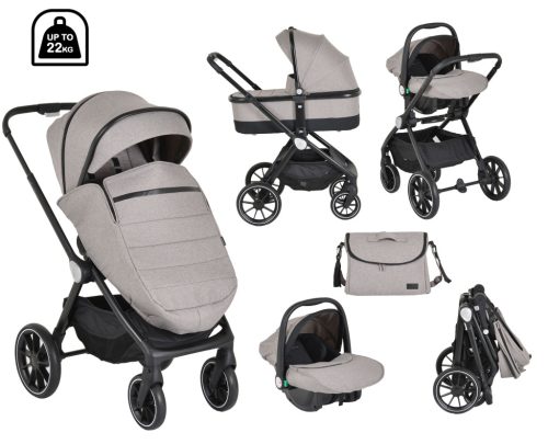 Cangaroo CHRISTIANO babakocsi szett 3in1 lapra csukható, alu váz, 22kgig BÉZS/szürke – Zsebi Baba Shop
