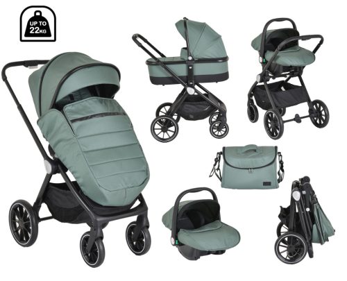 Cangaroo CHRISTIANO babakocsi szett 3in1 lapra csukható, alu váz, 22kgig ZÖLD – Zsebi Baba Shop