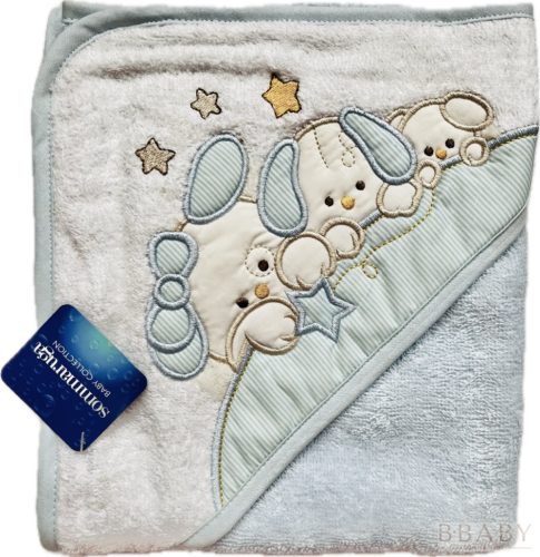 Kapucnis babatörölköző nyuszi család mintával – kék, 100% pamut frottír, 70×70 cm – babatörölköző 3. kép