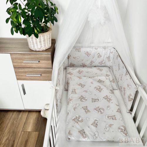 Álomfelhő bézs – 3 részes babaágynemű szett szivárványos macival – Zsebi Baba Shop