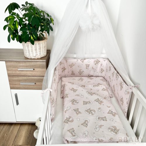 Álomfelhő rózsaszín – 3 részes babaágynemű szett szivárványos maci mintával – Zsebi Baba Shop