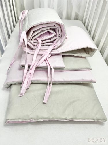 Emma szürke-rózsaszín – 3 részes babaágynemű szett kislányoknak, 100% pamutból – Zsebi Baba Shop