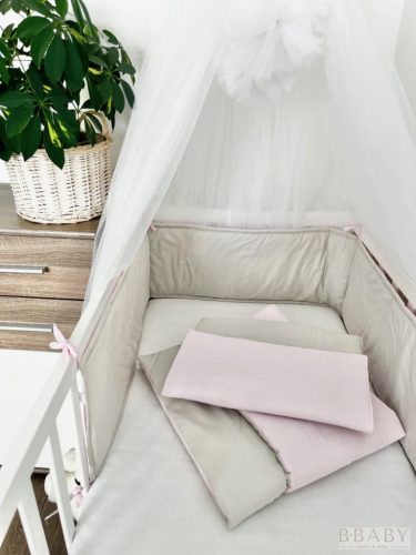 Emma szürke-rózsaszín – 3 részes babaágynemű szett kislányoknak, 100% pamutból – Zsebi Baba Shop