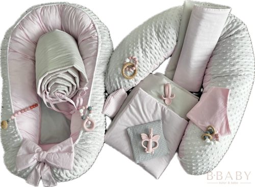 Emma szürke-rózsaszín – 3 részes babaágynemű szett kislányoknak, 100% pamutból – Zsebi Baba Shop