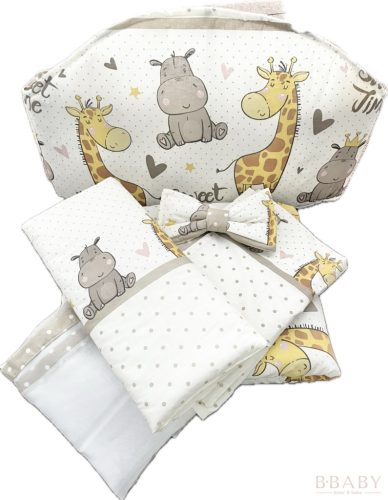 Sweet Time bézs – boldog bébi zsiráf és víziló mintás 4 részes babaágynemű szett – babatermék 4. kép