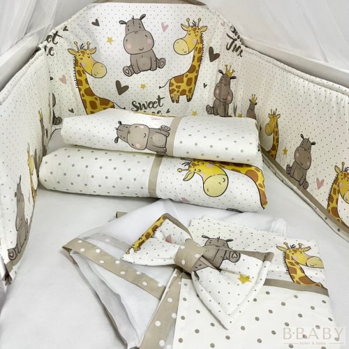 Sweet Time bézs – boldog bébi zsiráf és víziló mintás 4 részes babaágynemű szett – babatermék 6. kép