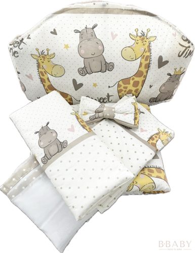 Sweet Time bézs – boldog bébi zsiráf és víziló mintás 4 részes babaágynemű szett – babatermék 1. kép