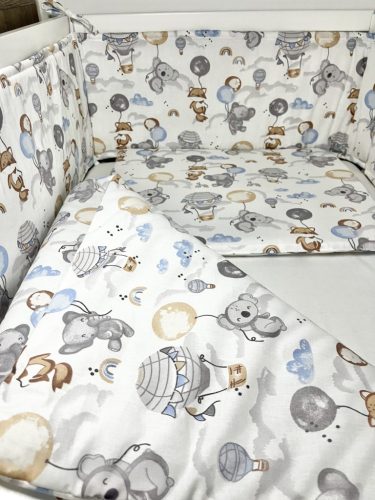 Bbaby 4 részes babaágynemű – Lufis Állatok, pamutvászon, párna, takaró, rácsvédő, baldachinfüggöny – babatermék 4. kép