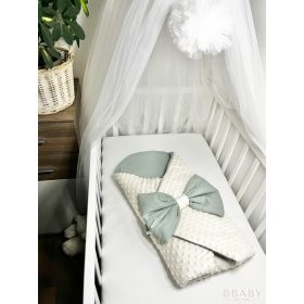 Kókuszpólya Joey – Krém minky és olívazöld pamut, 80×80 cm – Uniszex, masnis, kókuszbetéttel – Zsebi Baba Shop