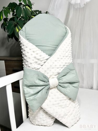 Kókuszpólya Joey – Krém minky és olívazöld pamut, 80×80 cm – Uniszex, masnis, kókuszbetéttel – Zsebi Baba Shop