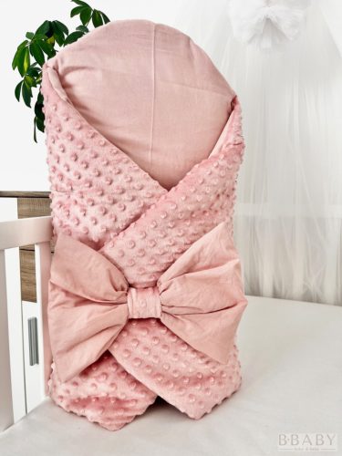 Kókuszpólya – Phoebe púder minky és pamut, 80×80 cm – Kislányoknak, dekoratív masnival, kókuszbetéttel – Zsebi Baba Shop