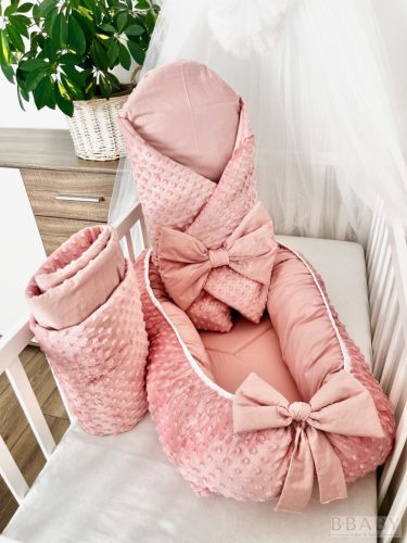 Kókuszpólya – Phoebe púder minky és pamut, 80×80 cm – Kislányoknak, dekoratív masnival, kókuszbetéttel – Zsebi Baba Shop