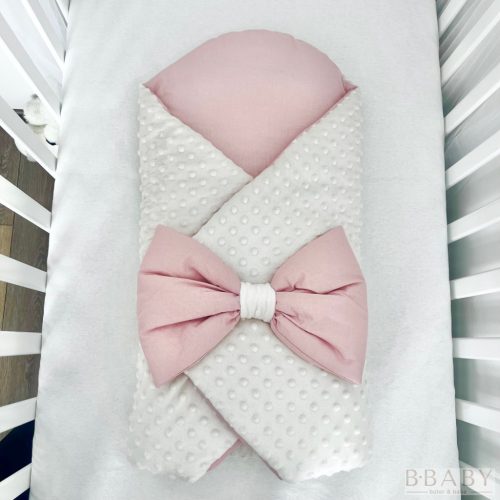 Kókuszpólya – Rachel púder pamut és krém minky, 80×80 cm – Kislányoknak, kókuszbetéttel és masnival – Zsebi Baba Shop