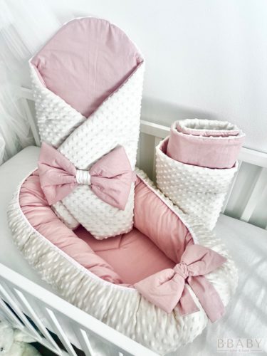 Kókuszpólya – Rachel púder pamut és krém minky, 80×80 cm – Kislányoknak, kókuszbetéttel és masnival – Zsebi Baba Shop