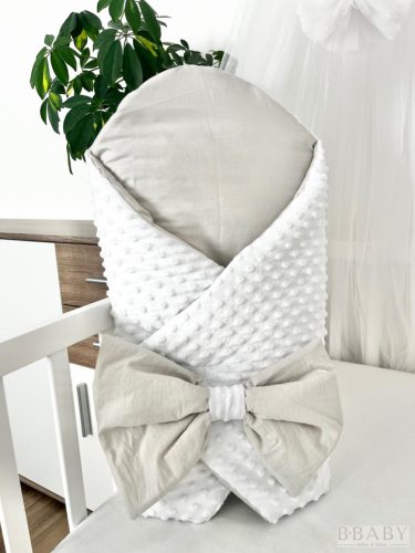 Kókuszpólya – Ross fehér minky és szürke pamut, 80×80 cm – Uniszex, masnival és kókuszbetéttel – Zsebi Baba Shop