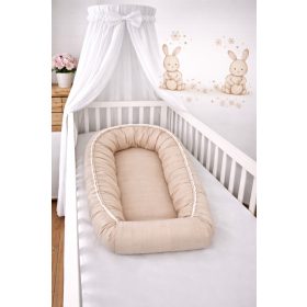 Bézs muszlin babafészek – 100% pamut duplagéz, állítható bogyós behúzóval – Zsebi Baba Shop