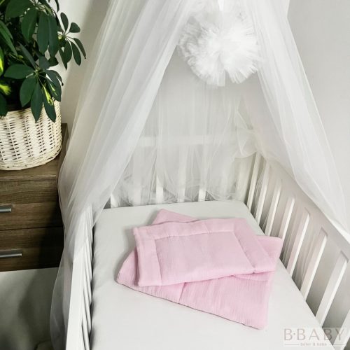 Rózsaszín muszlin babaágynemű szett – 2 részes, fix töltetes, 70×90 cm paplan + 40×50 cm párna – Zsebi Baba Shop