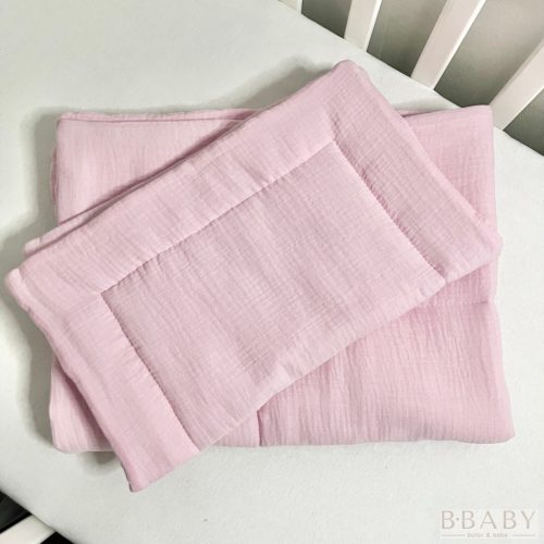 Rózsaszín muszlin babaágynemű szett – 2 részes, fix töltetes, 70×90 cm paplan + 40×50 cm párna – Zsebi Baba Shop