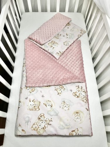 Bbaby 2 részes egybevarrt babaágynemű – Állatbarát Álom, rózsaszín és púder minky, állatmintás pamutvászon – Zsebi Baba Shop