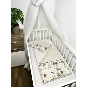 Bbaby 2 részes egybevarrt babaágynemű – Dínó, bézs minky és dinoszauruszos pamutvászon – Zsebi Baba Shop