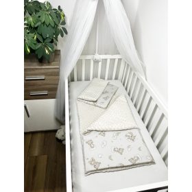Bbaby 2 részes egybevarrt babaágynemű – Álomfelhő Mackó Szivárványom, bézs minky és mackós pamutvászon – Zsebi Baba Shop