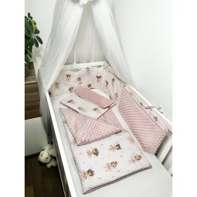 Bbaby 3 részes egybevarrt babaágynemű – Púdertánc minky, balerinás pamutvászon és egyenes fejvédő – Zsebi Baba Shop