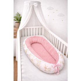 Bbaby babafészek – Állatbarát Álom, rózsaszín és púder minky, állatmintás pamutvászon – Zsebi Baba Shop