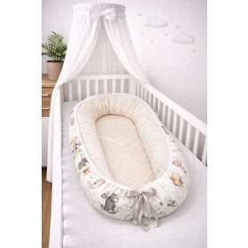 Bbaby babafészek – Dínó, bézs minky és dinoszauruszos pamutvászon – Zsebi Baba Shop