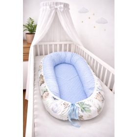 Bbaby babafészek – Sün Balázs és erdei barátai, világoskék minky és pamutvászon – Zsebi Baba Shop