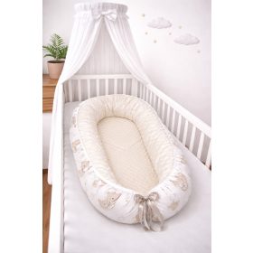 Bbaby babafészek – Álomfelhő Mackó Szivárványos, bézs minky és mackós pamutvászon – Zsebi Baba Shop