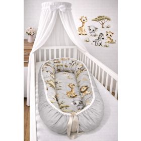 Bbaby babafészek – Afrikai Kaland, szürke szafari mintás pamutvászon – Zsebi Baba Shop