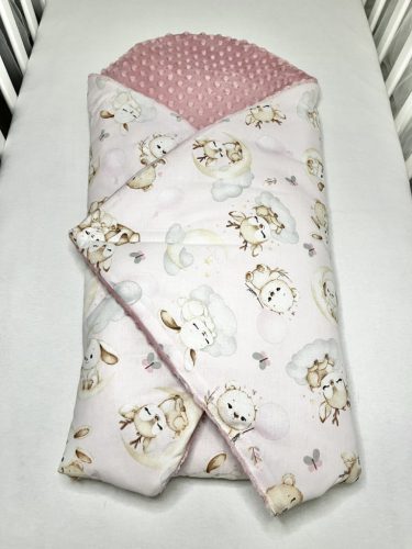 Bbaby kókuszpólya – Állatbarát Álom, rózsaszín és púder minky, állatmintás pamutvászon, kivehető kókuszbetéttel – Zsebi Baba Shop