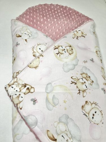 Bbaby kókuszpólya – Állatbarát Álom, rózsaszín és púder minky, állatmintás pamutvászon, kivehető kókuszbetéttel – Zsebi Baba Shop