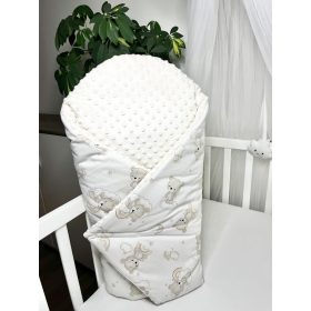 Bbaby kókuszpólya – Álomfelhő Mackó Szivárványos, bézs minky és mackós pamutvászon, kivehető kókuszbetéttel – Zsebi Baba Shop