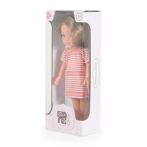 Moni BABA 33 cmes hajasbaba csíkos ruhás, barna hajú PINK 