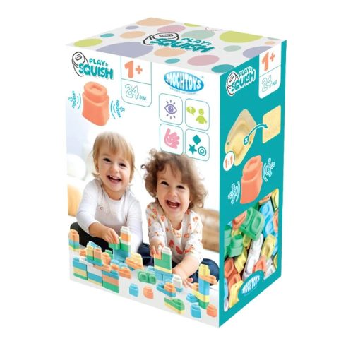 MOCHTOYS Play&Squish építőkocka dobozban 24 db-os puha építőjáték PASZTELL – Zsebi Baba Shop