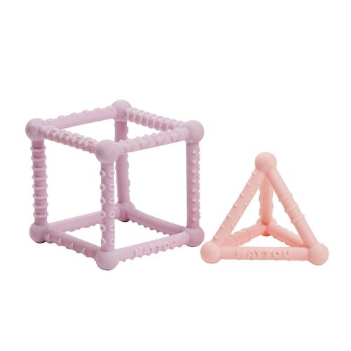 Nattou rágóka szilikon kocka és háromszög szett 2db lila-pink – Zsebi Baba Shop