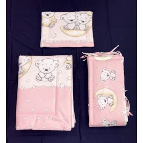 DOMBABY 3 részes ágynemű garnitúra fejvédővel MACIS PINK – Zsebi Baba Shop