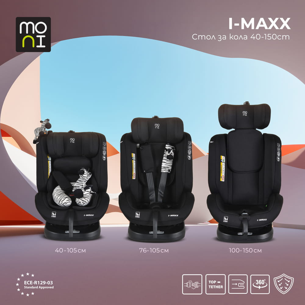 Moni i-MAXX - autós ülés, isofix, forgatható, 2 plüss+párna 40-150cm FEKETE