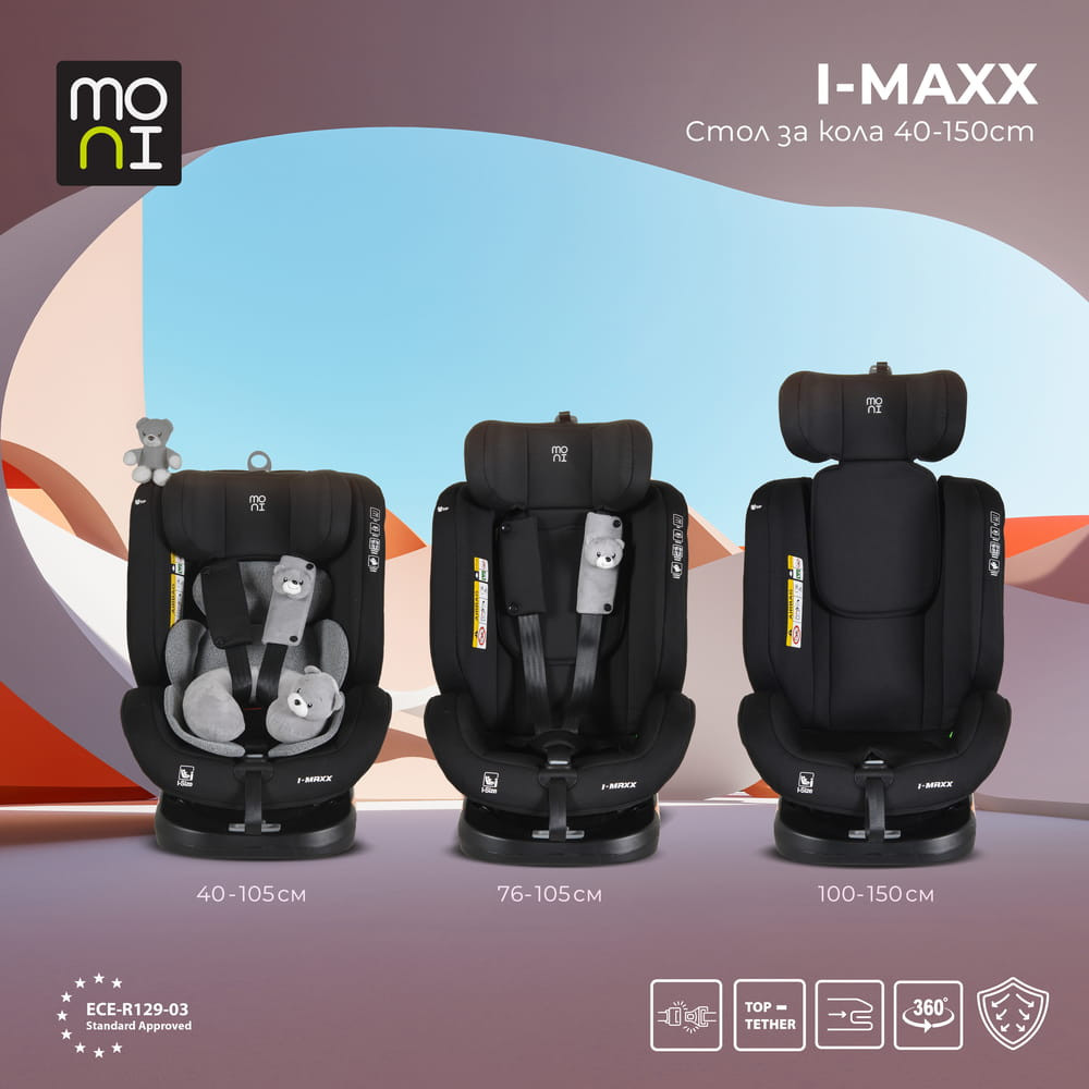 Moni i-MAXX - autós ülés, isofix, forgatható, 2 plüss+párna 40-150cm SZÜRKE