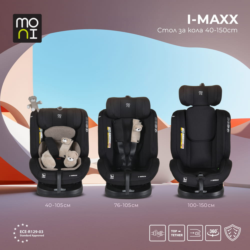 Moni i-MAXX - autós ülés, isofix, forgatható, 2 plüss+párna 40-150cm BÉZS