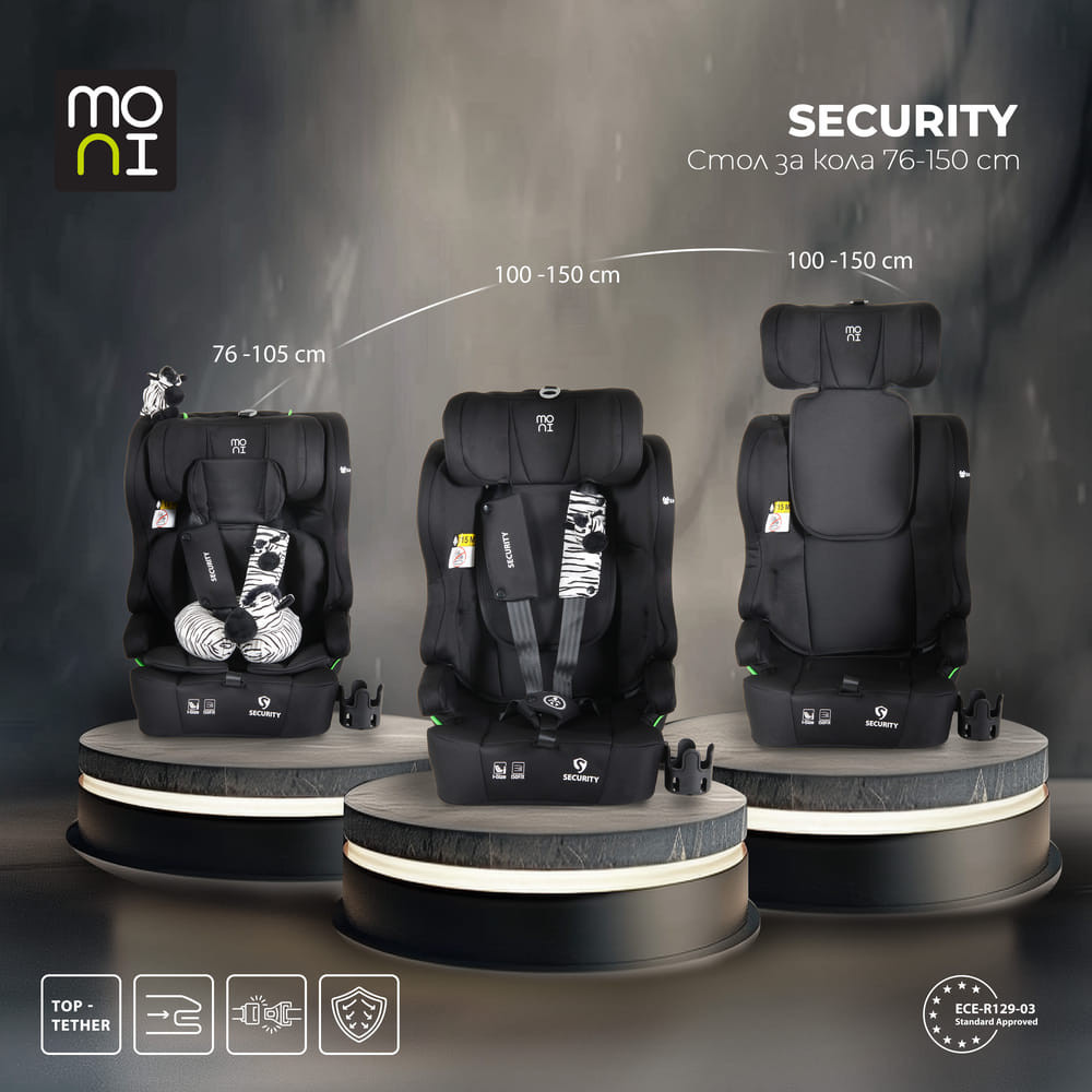 Moni - SECURITY autós ülés belső övvel, isofix, ajándék 2plüss+párna 76-150cm FEKETE