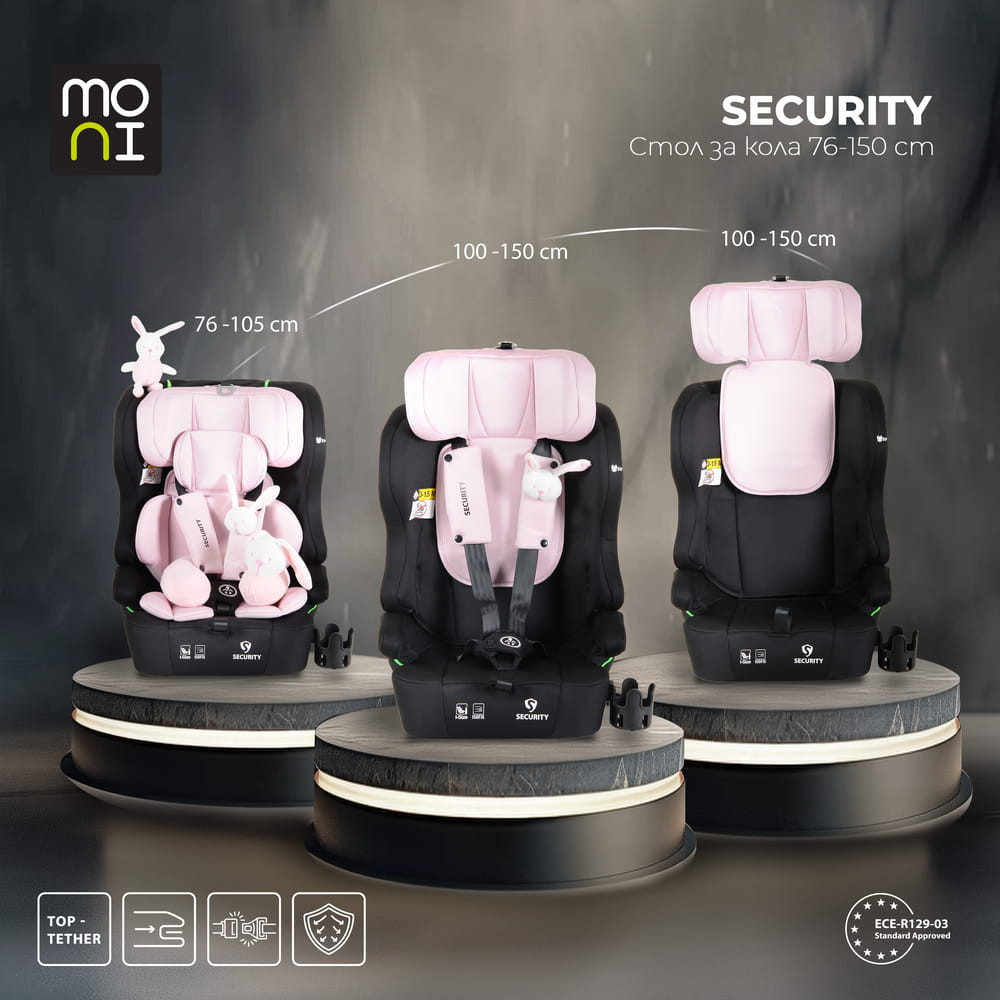 Moni - SECURITY autós ülés belső övvel, isofix, ajándék 2plüss+párna 76-150cm PINK