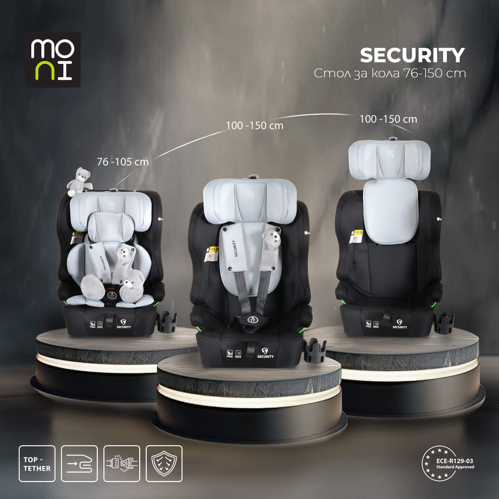 Moni - SECURITY autós ülés belső övvel, isofix, ajándék 2plüss+párna 76-150cm SZÜRKE