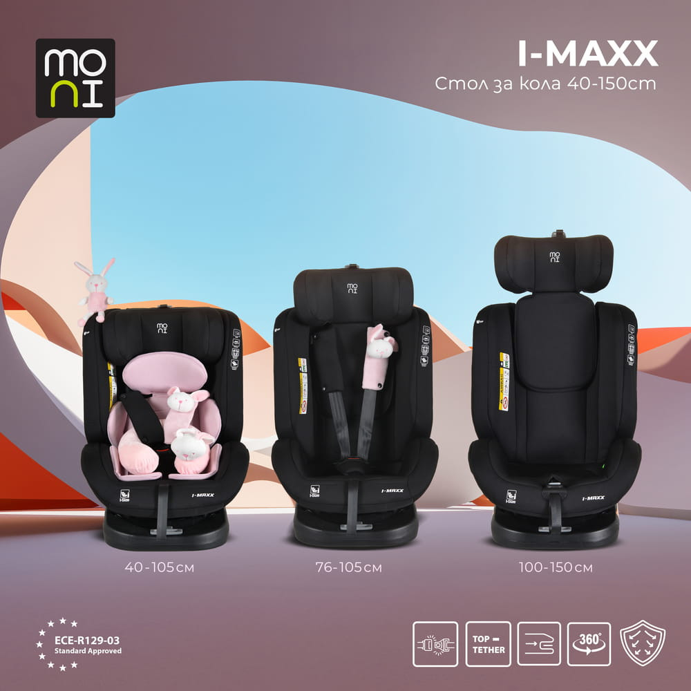 Moni i-MAXX - autós ülés, isofix, forgatható, 2 plüss+párna 40-150cm PINK
