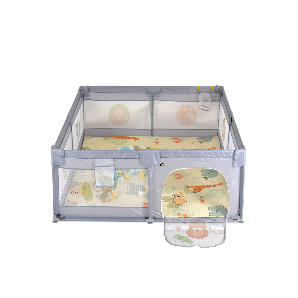 Moni - GAMEZONE összecsukható járóka szőnyeggel, 60 labdával 120x120 SZÜRKE