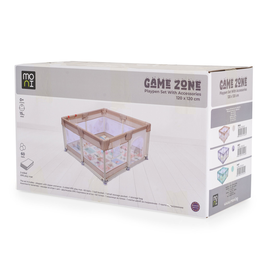 Moni - GAMEZONE összecsukható járóka szőnyeggel, 60 labdával 120x120 SZÜRKE