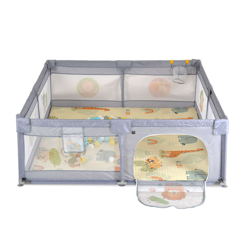 Moni - GAMEZONE összecsukható járóka szőnyeggel, 60 labdával 150x200 SZÜRKE