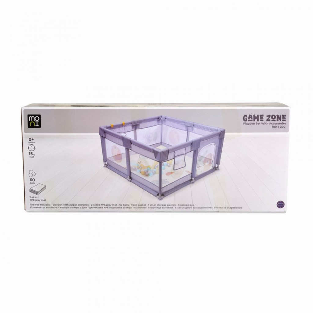 Moni - GAMEZONE összecsukható járóka szőnyeggel, 60 labdával 180x200 BÉZS
