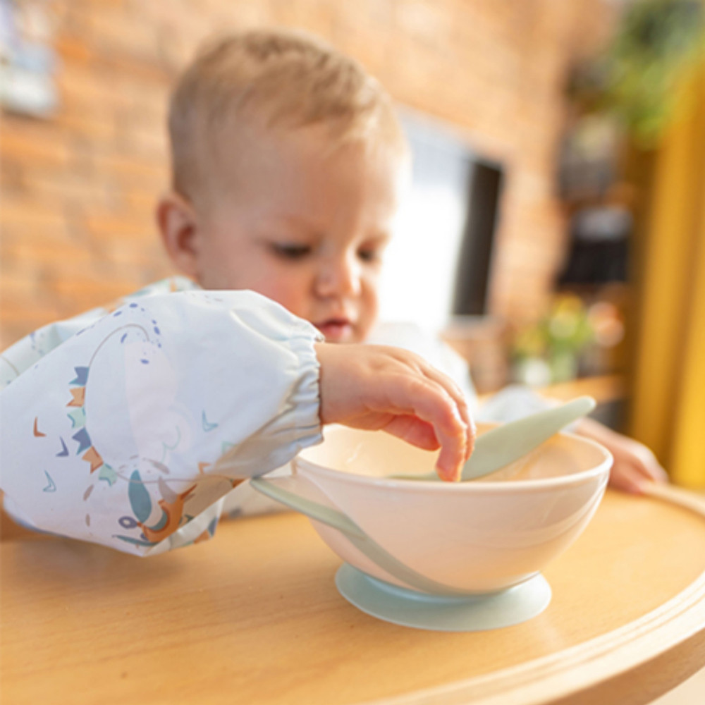 BabyOno 1063/07 - Tapadókorongos Fedeles Tányér Kanállal/Zsálya – babatermék